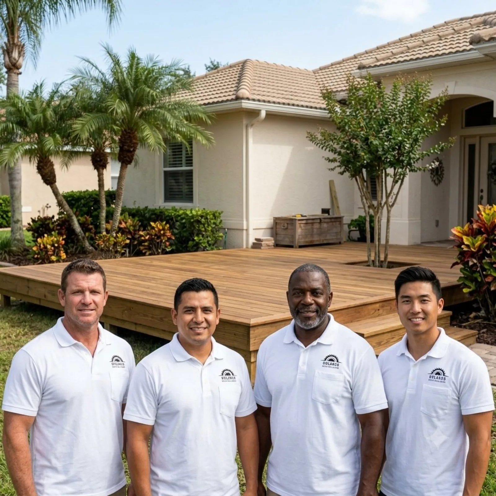 Deck Builders Orlando crew standing in front of a finished wood deck at an Orlando home