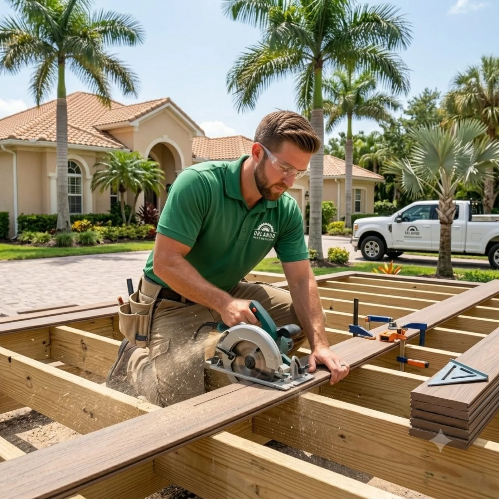 Deck Builders Orlando installer cutting composite deck boards