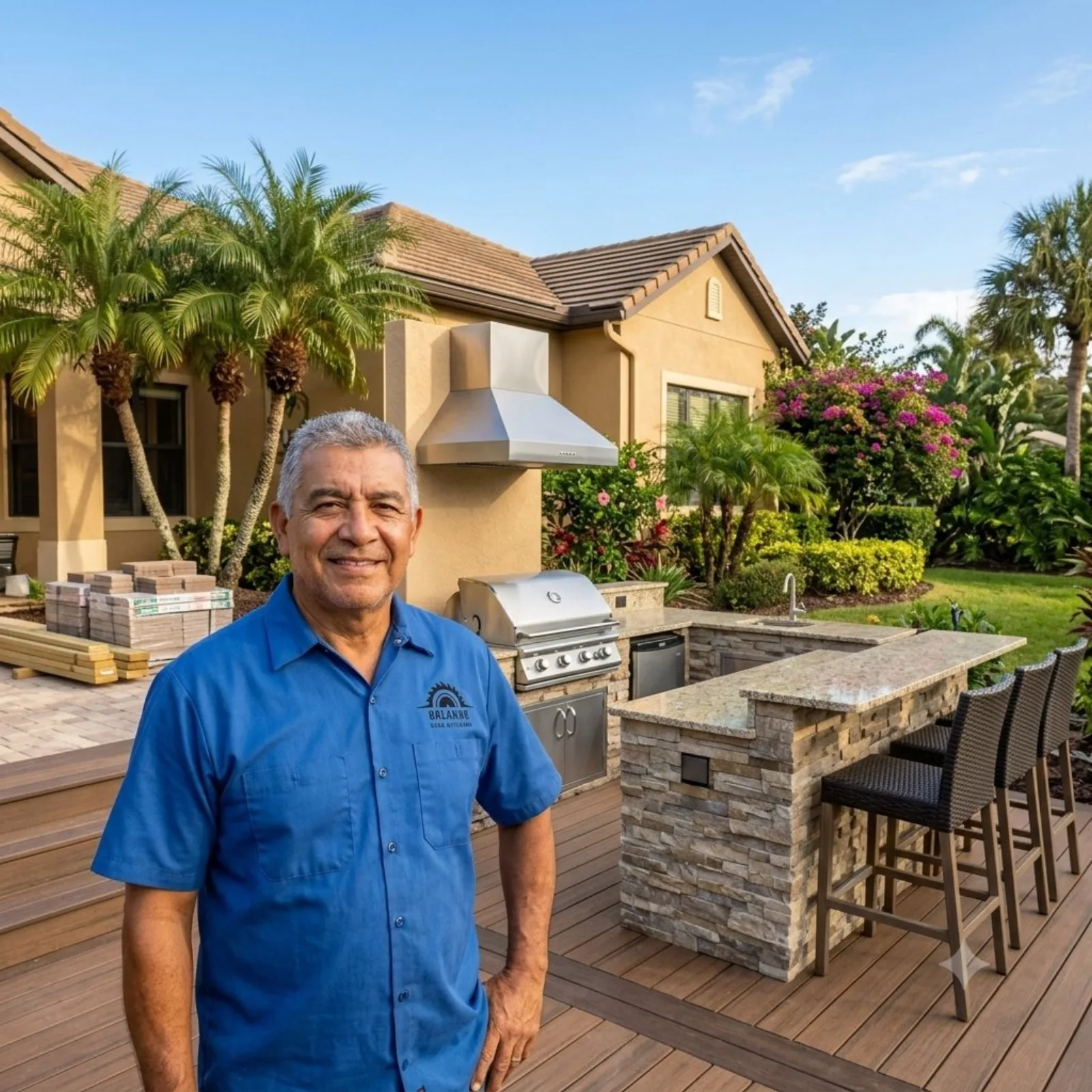 Composite deck with built-in outdoor kitchen and bar in Orlando