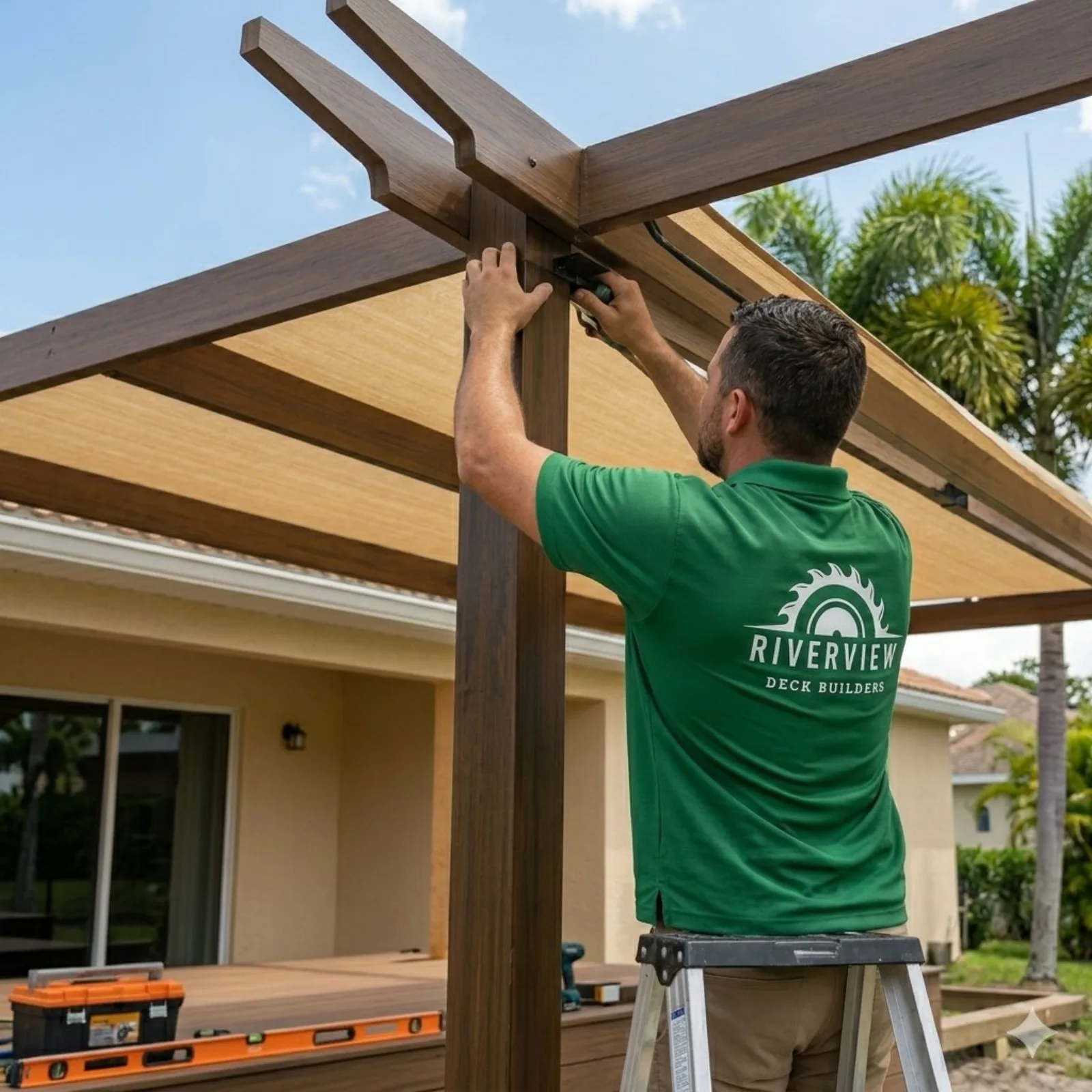 Deck Builders Orlando installer building a pergola cover