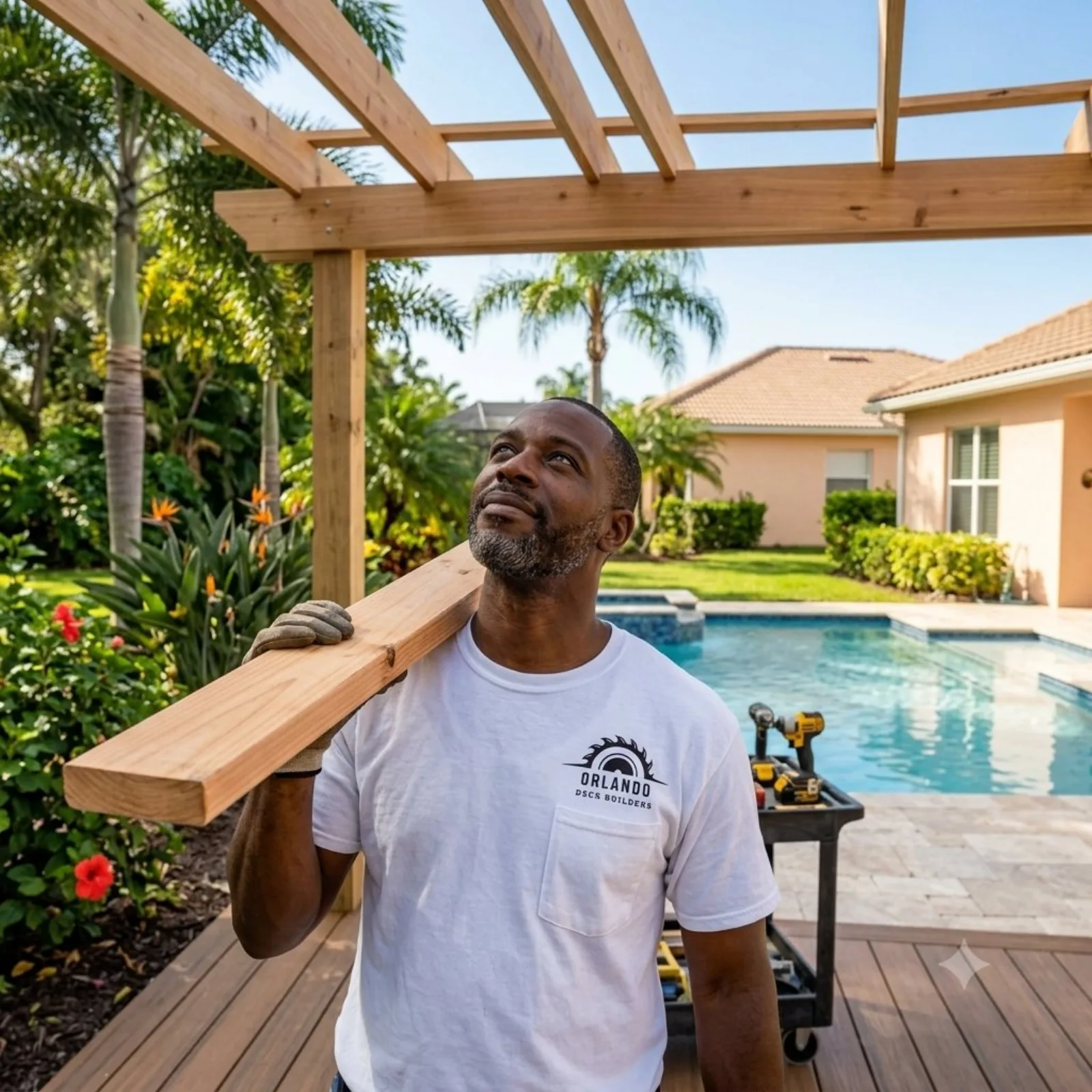 Cedar pergola over a poolside deck in Orlando