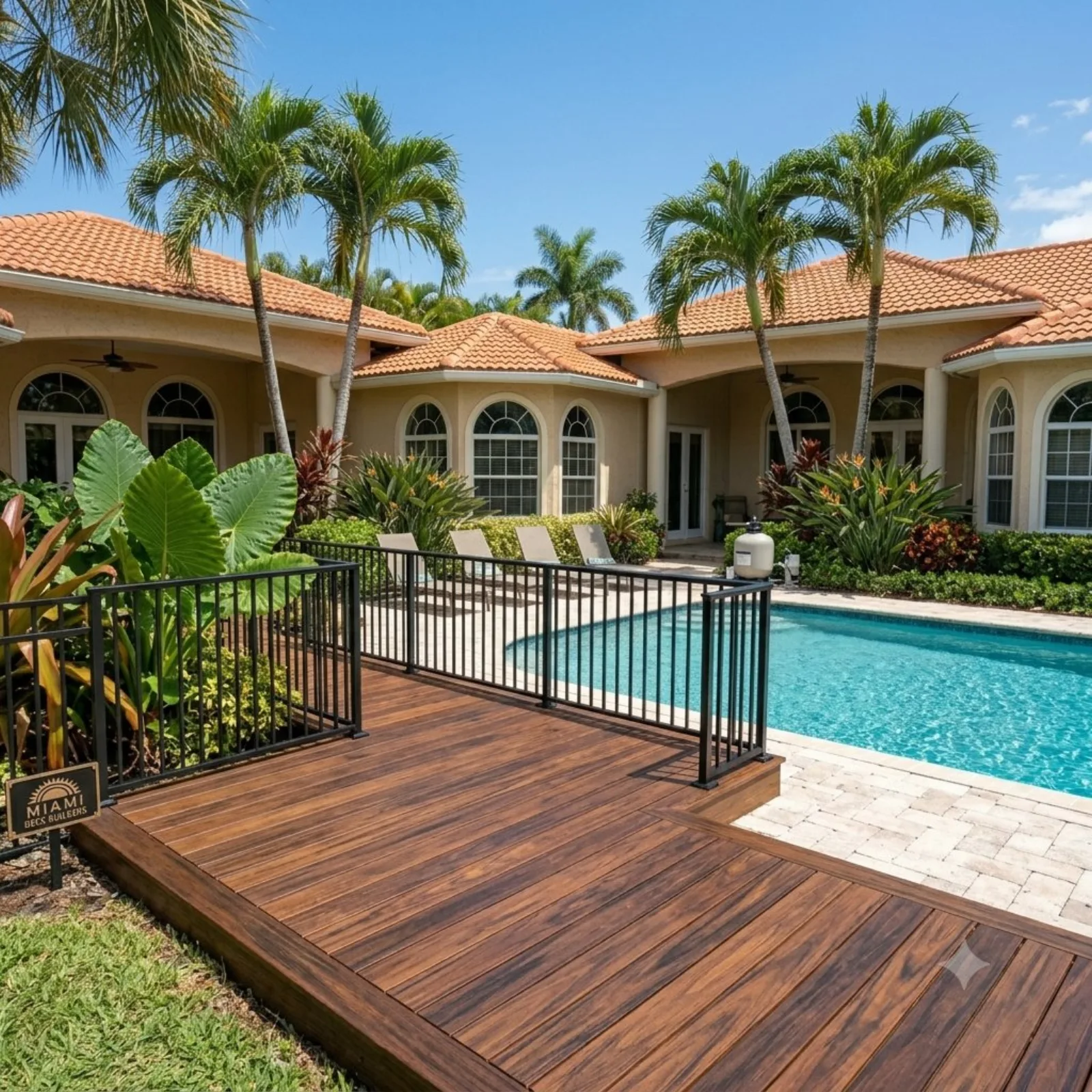 Wood pool deck beside a screened Orlando pool