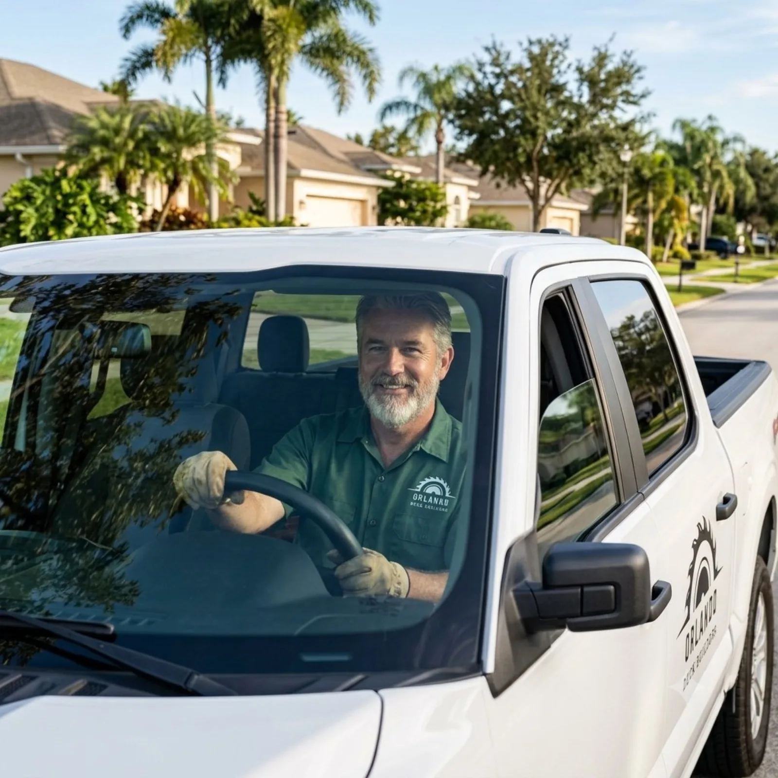 Deck Builders Orlando truck arriving at an Orlando neighborhood